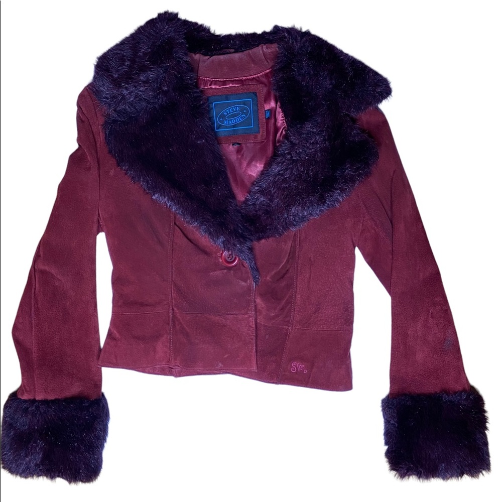 Steve Madden red genuine leather faux fur lined fitted jacket.
